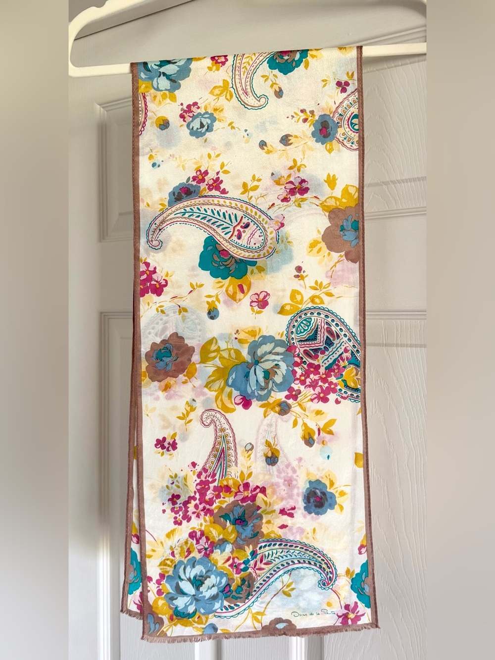 OSCAR DE LA RENTA Vintage Floral Paisley Sheer Chiffon Scarf - Cream, Pink, Blue